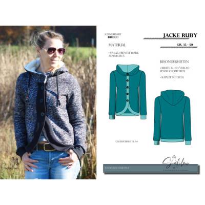 PDF-Schnittmuster Jacke Ruby (Gr. 32-50)Modische Jacke mit breiter, rund verlaufender Knopfleiste und praktischer Kapuze