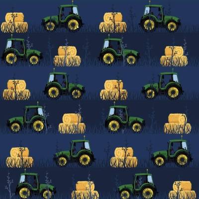 Baumwolljersey Traktor-und Strohballen dunkelblau (1m/16,-€)