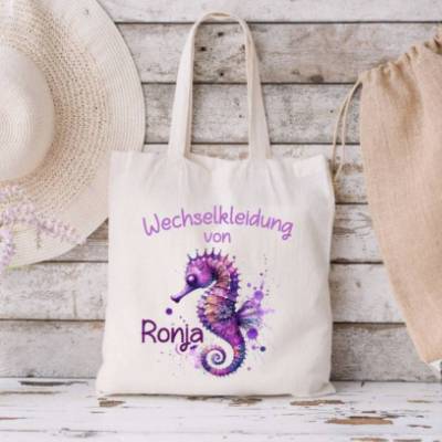Wechselkleidung Tasche Seepferdchen Mädchen mit Namen Beutel Ersatzkleidung Kita Kindergarten Wechselwäsche Turnbeutel 
