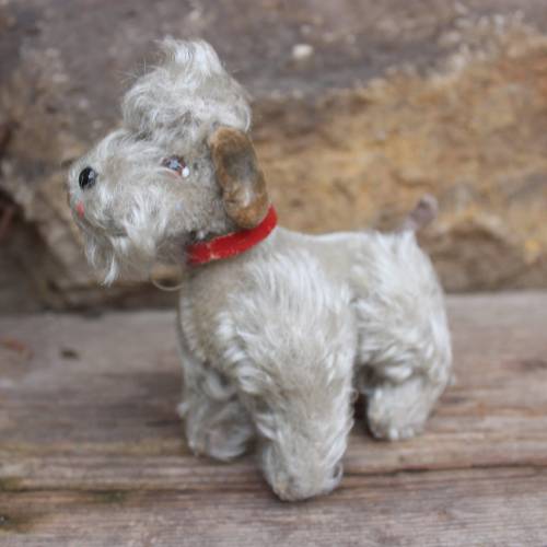 kleiner STEIFF Pudel Snobby / silbergrau mit Halsband / ohne IDs / bewegliche Beine / Vintage 50er 60er Jahre