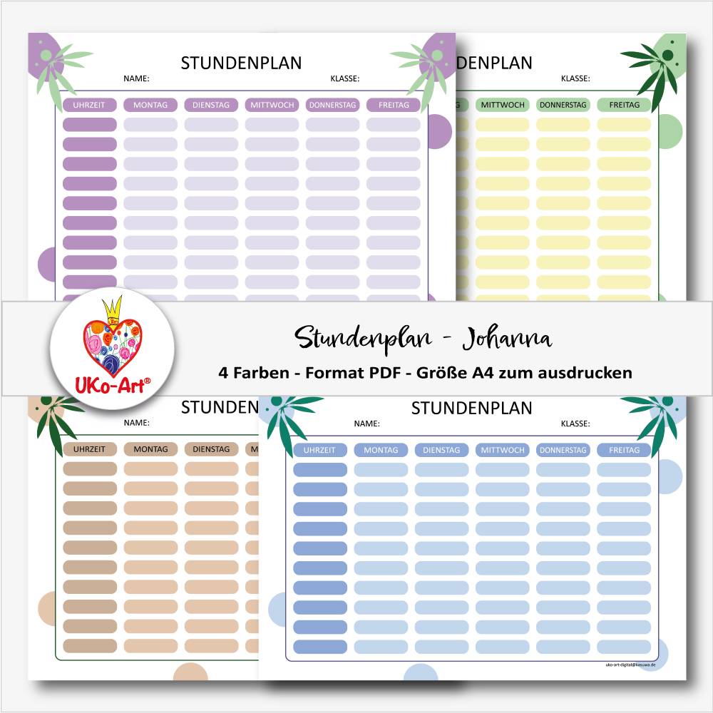 Stundenplan zum Ausdrucken, DIN A4 PDF Vorlage zum download, 4 Farben