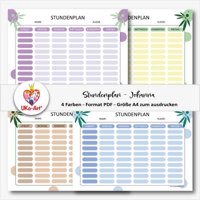 Stundenplan zum Ausdrucken, DIN A4 PDF Vorlage zum download, 4 Farben, "Johanna"