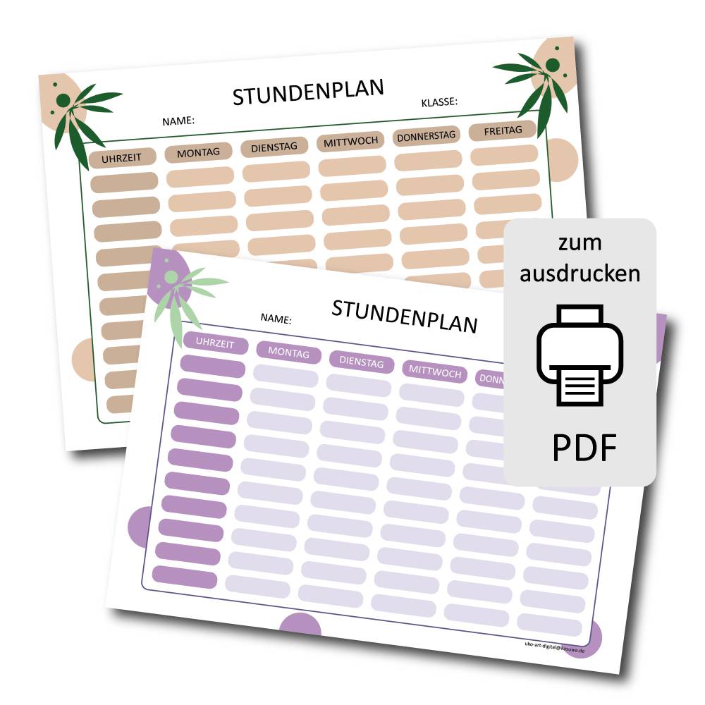 Stundenplan zum Ausdrucken, DIN A4 PDF Vorlage zum download, 4 Farben