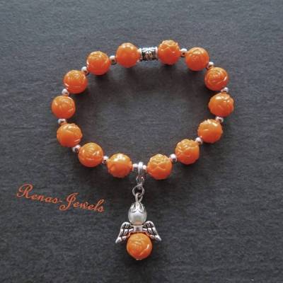 Kinderarmband Blumen Perlen orange silberfarben Schutzengel Anhänger – Mädchen Schmuck