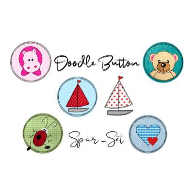 Stickdatei Doodle Button Spar-Set - Rahmen ab 10 cm x 10 cm, Herz, Boot, Bär, Nilpferd, Käfer, Applikation