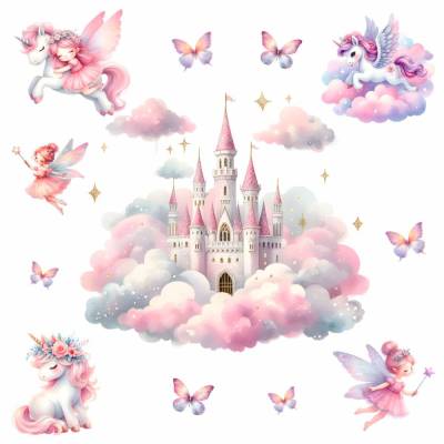 262 Wandtattoo Schloss auf Wolken mit Feen und Einhörnern in 6 vers. Größen