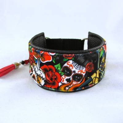 Windhundhalsband "Black Tattoo" – Handmade Hundehalsband Zugstopp oder Klickverschluss, 6 cm breit
