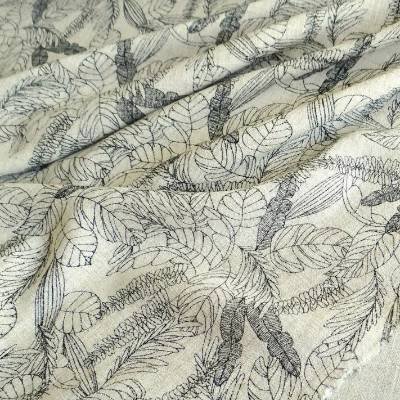 Viskose-Leinenstoff mit Blättermuster in meliertem Beige und Schwarz für Blusen, Tuniken, Sommerkleider und Hosen