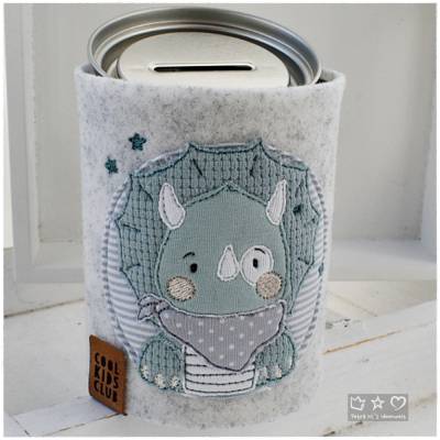 Spardose mit bestickter hellgrauer Filzhülle 'Button Dino', personalisierbar