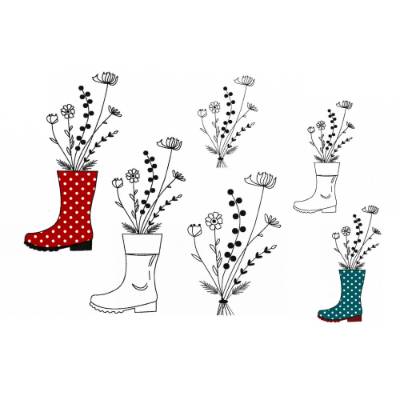 Stickdatei Blumen im Stiefel, LineArt, Redwork, Blumen solo, zwei Größen, 6 Dateien, 10x10 cm und 13x18cm