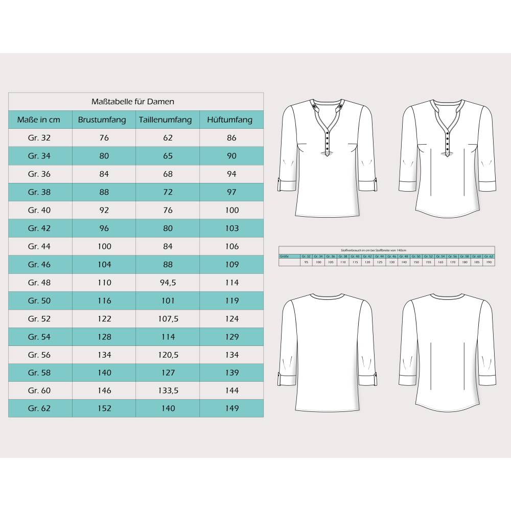 Schnittmuster Damen Bluse Größe 32 - 62 mit 3/4-Ärmel, halber Knopfleiste, Liegekragen Bild 2