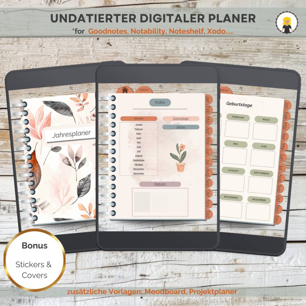Undatierter digitaler Goodnotesplaner, Deutsch, Digitaler Planer, Digitaler Kalender, Boho, iPad Planer, Notability Bild 1