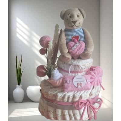 Windeltorte Mädchen rosa personalisiert mit Schlüsselanhänger & Mini-Täschchen für das erste Löckchen