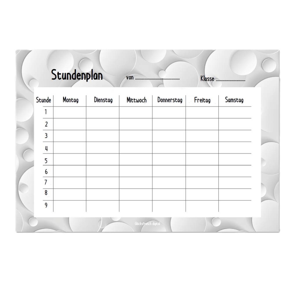 Stundenplan A4 PDF zum Ausdrucken Motiv mit weißen Kreisen auf grauem Hintergrund Bild 2