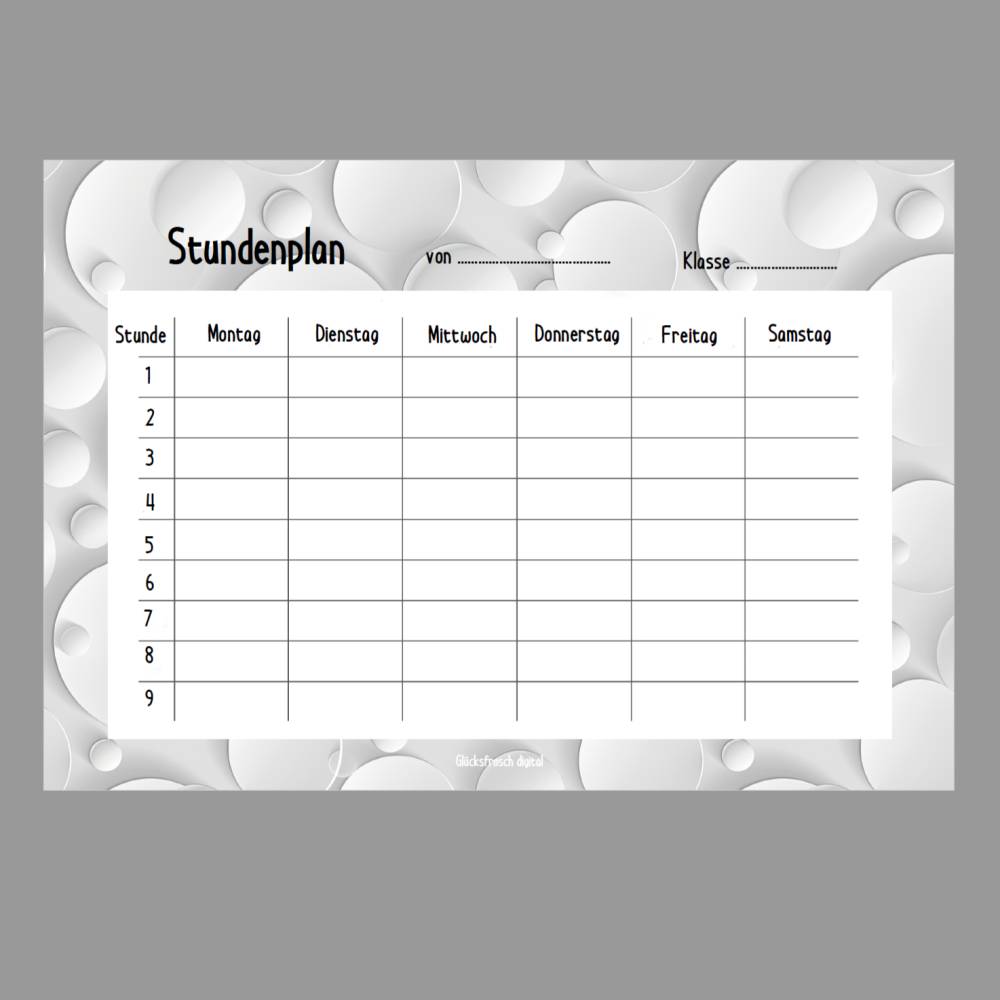 Stundenplan A4 PDF zum Ausdrucken Motiv mit weißen Kreisen auf grauem Hintergrund Bild 3
