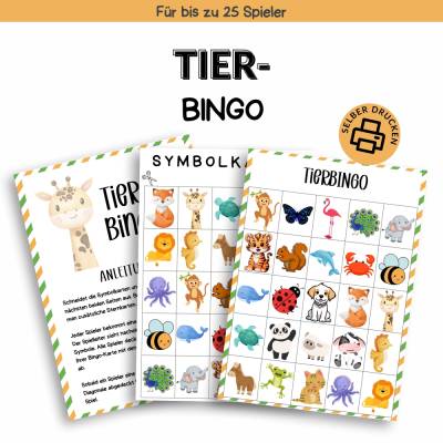 Bingo mit Tieren Druckvorlage - Tierbingo zum Selberdrucken - Bingo für Schulklassen - Digitaler Download