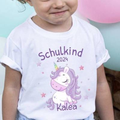 Schulkind T Shirt mit Namen personalisiert Einhorn Mädchen Schulstart Geschenk Einschulung