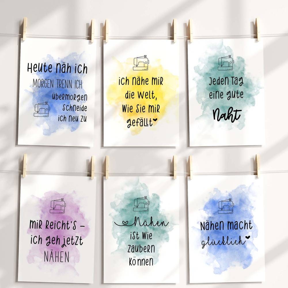 Digitales Poster Nähen – Nähzimmer-Deko mit Spruch in vier Farben, DIN A3, Sofort-Download