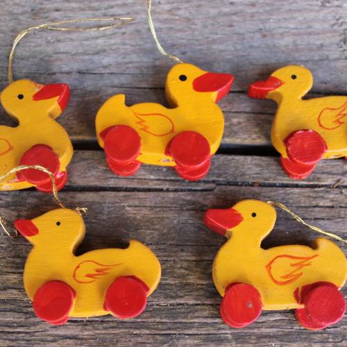 5 Osteranhänger Enten Holz Erzgebirge Handbemalt Vintage DDR