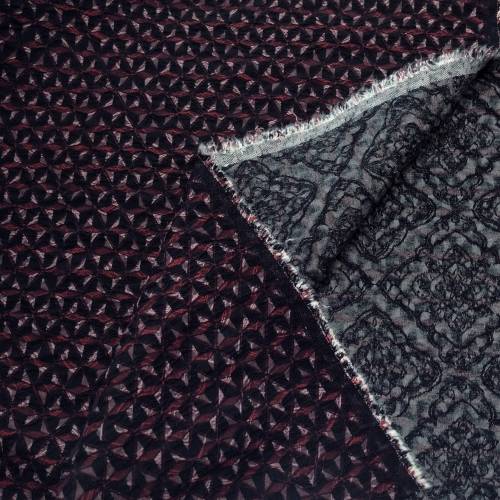 Stretch Jacquard Stoff mit floralen Ornamenten in Schwarz, Weinrot und Rosa für bequeme Hosen, Kleider, Blazer