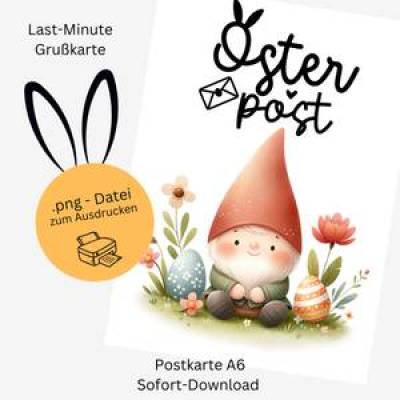 Osterkarte „Wichtel auf der Blumenwiese“ – Digitaler Ostergruß zum Download