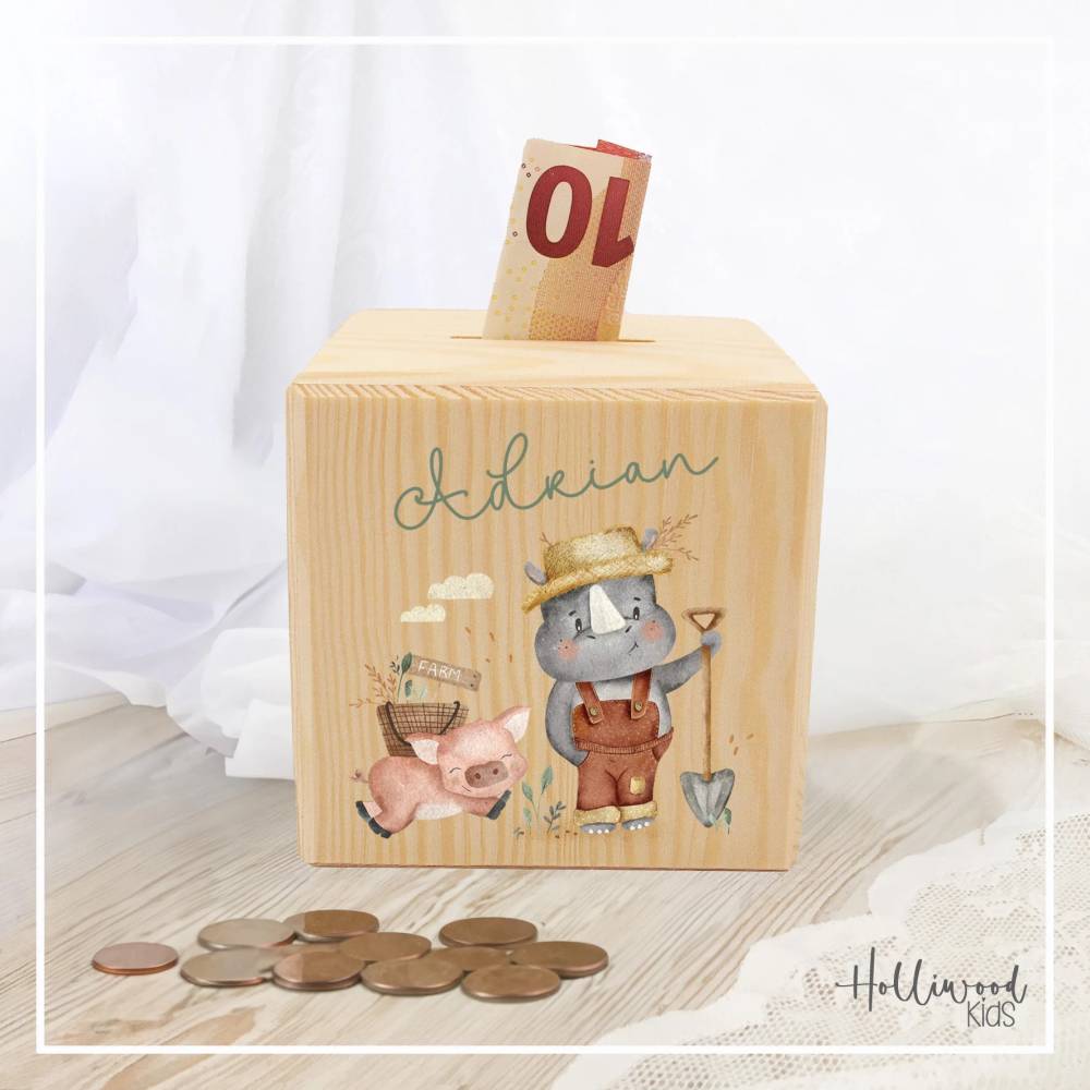 Personalisierte Spardose Dino – Spardosenwürfel – Perfektes Geschenk – Einzigartige Kinder-Spardose aus Holz