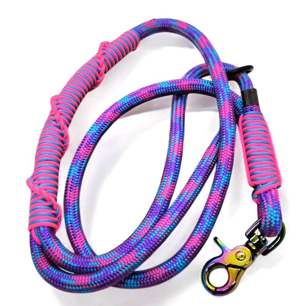 Leine fr Hunde aus Kletterseil in pink, lila, trkis mit Scherenkarabiner  in Regenbogenfarben Lnge ca. 1,13 m