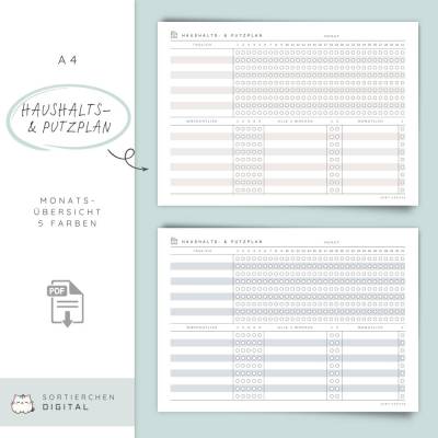 Haushaltsplan & Putzplan PDF | A4 Putzliste zum Ausdrucken | Monatsübersicht für tägliche und wöchentliche Aufgaben 