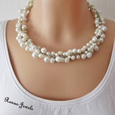 Statement Kette kurz Perlen cremeweiß silberfarben Collier Halsreif Perlen Kette – elegantes Schmuckstück
