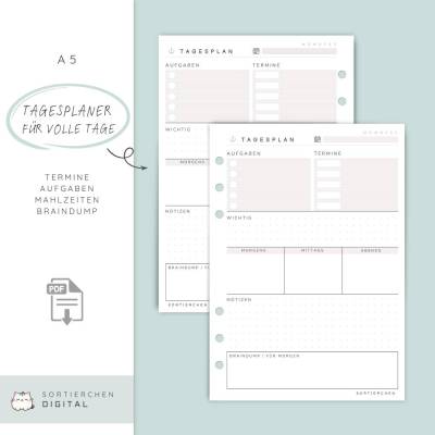 A5 Tagesplaner undatiert - Kalendereinlagen für Ringbuchplaner | To-Do-Liste, Termine, Menüplanung & Notizen