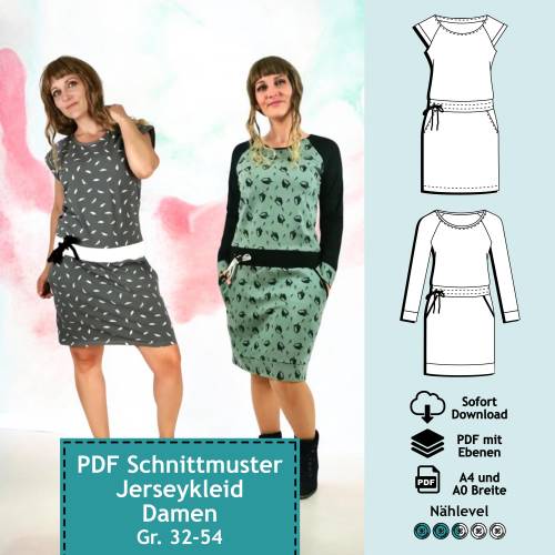 PDF Schnittmuster mit Ebenen Jerseykleid m. Raglanärmeln Ela, Gr. 32-54 | e-Book Damen Kleid, Schnitt Raglankleid, Nähan