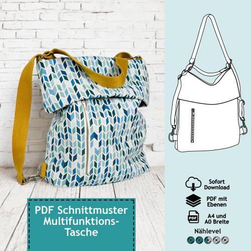 PDF Schnittmuster mit Ebenen Multifunktionstasche Anna, als Rucksack oder Tasche | eBook Schnitt mit farbiger Nähanleitu