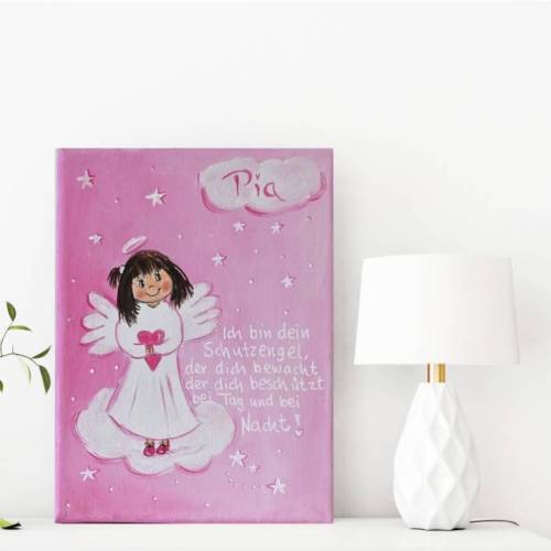Personalisiertes Schutzengelbild Mädchen Rosa auf Keilrahmen – Handgemaltes Engelbild zur Taufe & Geburt
