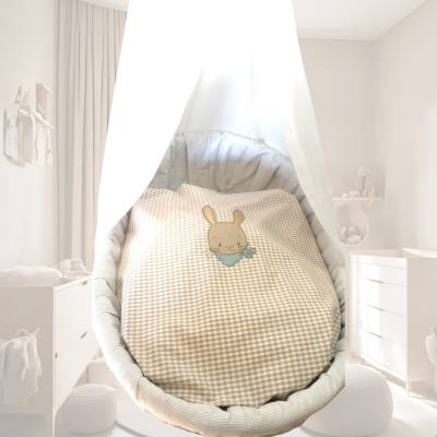 Baby Bettwäsche 80x80 mit Hasenmotiv – Personalisierte Kissenhülle & Babydecke für Kinderwagen & Stubenwagen, beige-weiß