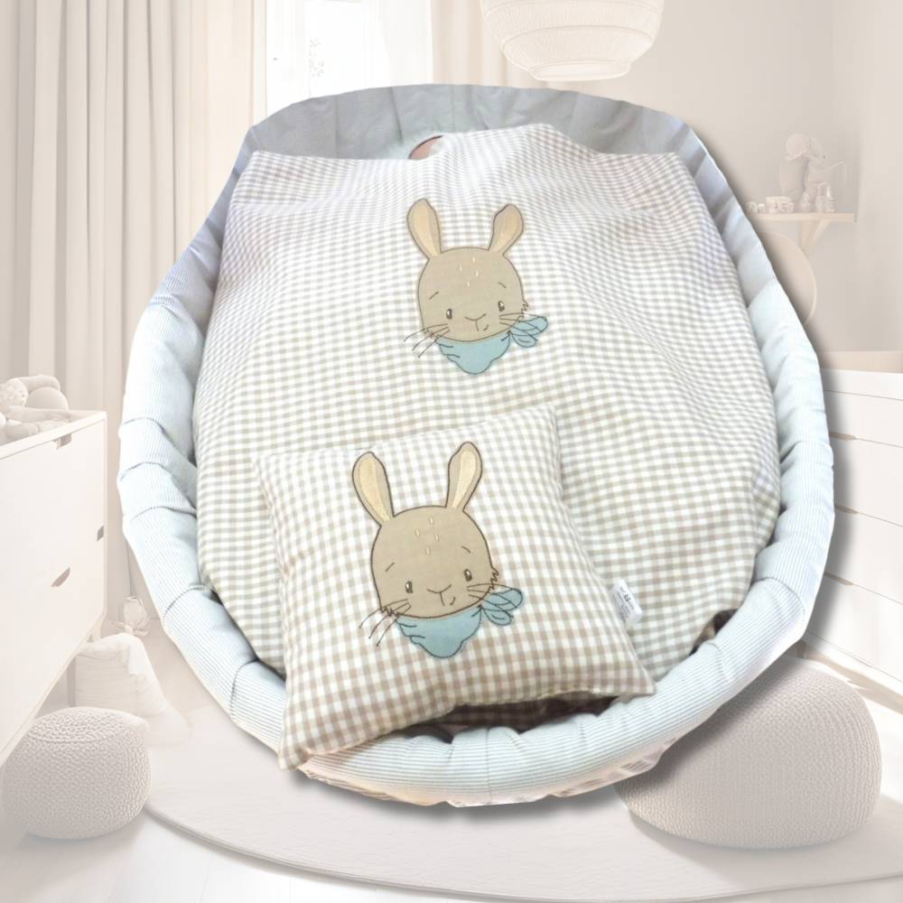 Baby Bettwsche 80x80 mit Hasenmotiv  Personalisierte Kissenhlle &  Babydecke fr Kinderwagen & Stubenwagen, beige-wei