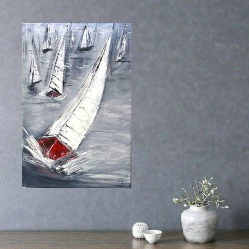 Acrylbild Segelboot – Leinwandbild Regatta abstrakte Malerei  Meer 40 x 60 cm handgemalt