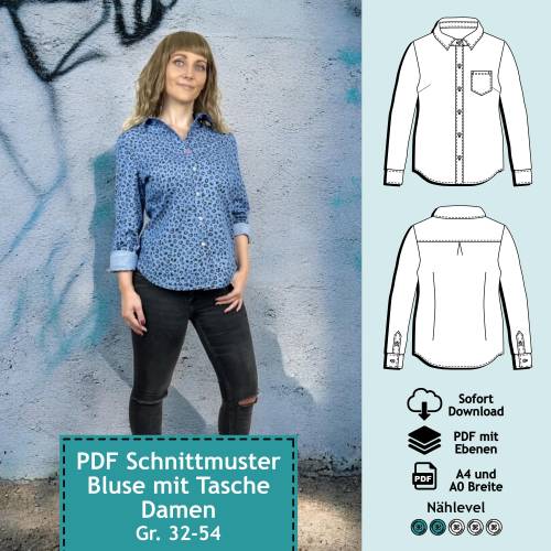 PDF Schnittmuster mit Ebenen Bluse mit Tasche Stella, Gr. 32-54 | Damen Schnitt, Damenbluse mit farbiger Nähanleitung