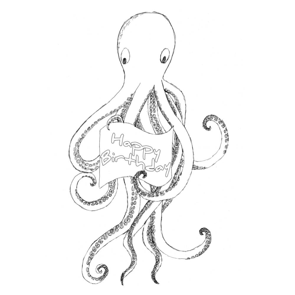 Printable: Oktopus Faltkarte im A4 Format zum selber Ausdrucken und Anmalen. Mit Happy Brithday Beschriftung Bild 1