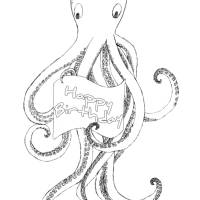 Printable: Oktopus Faltkarte im A4 Format zum selber Ausdrucken und Anmalen. Mit Happy Brithday Beschriftung