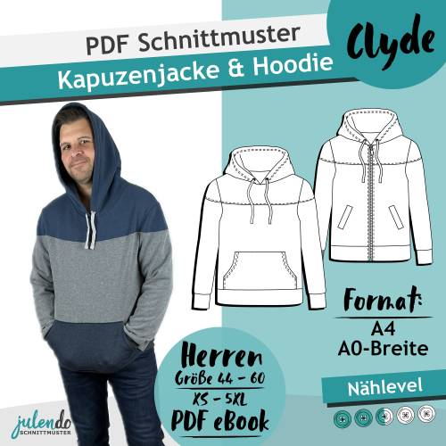 PDF Schnittmuster Männer Zipperjacke oder Hoodie Clyde, Gr. 44 bis 60 | eBook Schnitt mit farbiger Nähanleitung (deutsch