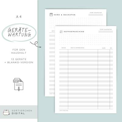 Gerätepﬂege Vorlagen-Bundle A4  | Wartung und Reparatur im Blick | PDF zum Ausdrucken | Für Haushalt, WG & Ferienwohnung