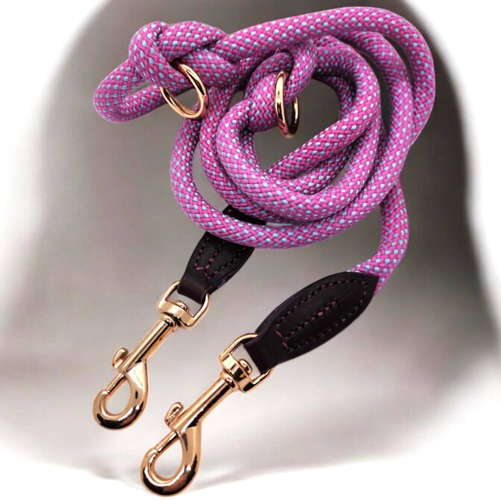 Leine aus Kletterseil in rose - hellblau gestreift mit rosegolden  Beschlgen aus Zinkdruckguss Lnge ca.