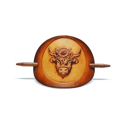 Leder Haarspange - OX Antique - Sunflower Highland Cow - Vickys World - Rindleder & Holz