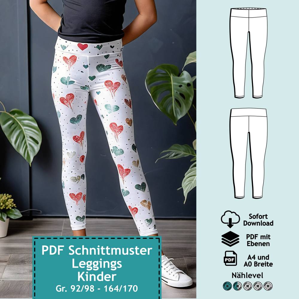 PDF Schnittmuster mit Ebenen Kinder Leggings Nele Mini-Me, Gr. 92/98 bis 164/170 | eBook Schnitt mit farbiger Nähanleitu Bild 1