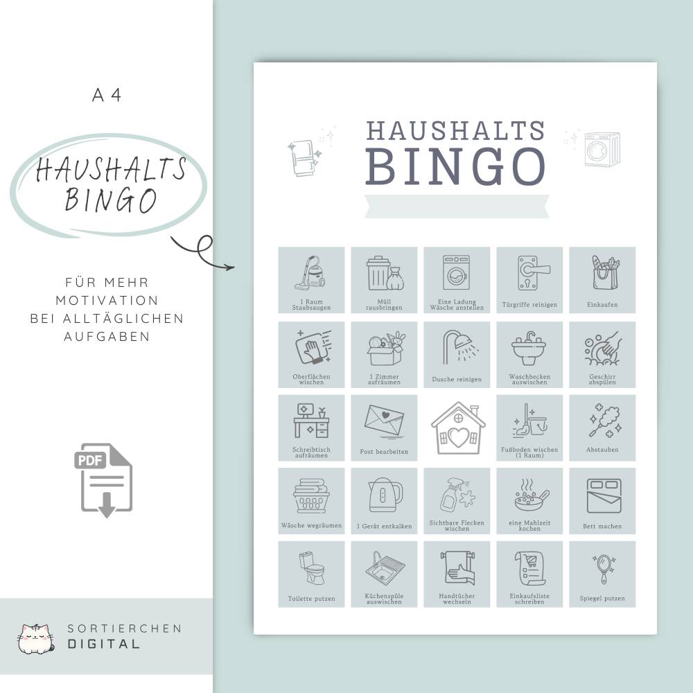 Haushalts-Bingo Set (5 Seiten PDF) – Putz-Challenge für die Familie | Motivation für Kinder & Erwachsene | ADHS-freundli Bild 1