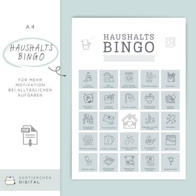 Haushalts-Bingo Set (5 Seiten PDF) – Putz-Challenge für die Familie | Motivation für Kinder & Erwachsene | ADHS-freundli