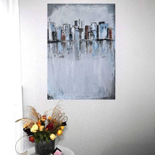 Abstraktes Skyline Acrylbild – Strukturierte Stadtbild Malerei auf Leinwand 50x70 cm – Moderne Wanddeko