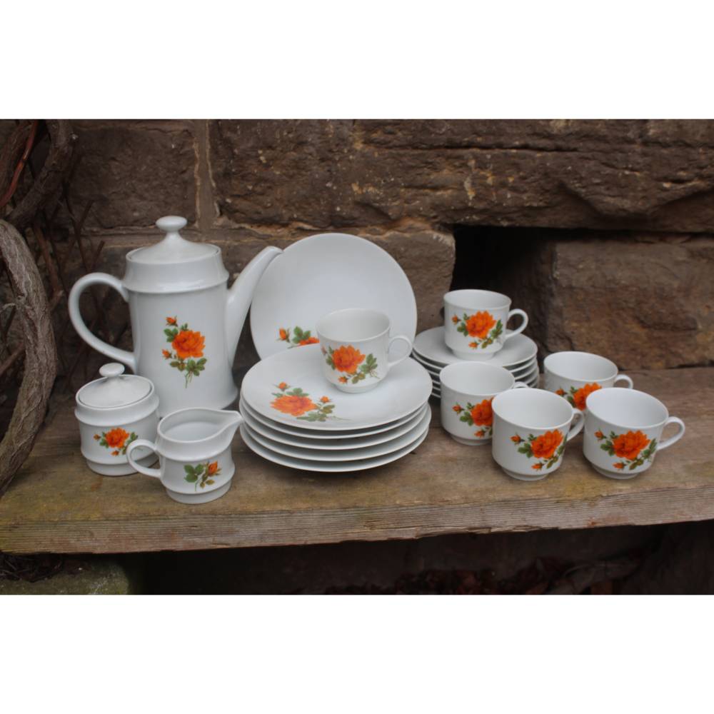 21 tlg. Kaffeeservice orange Rosen Mitterteich Bavaria Porzellan 70er Jahre