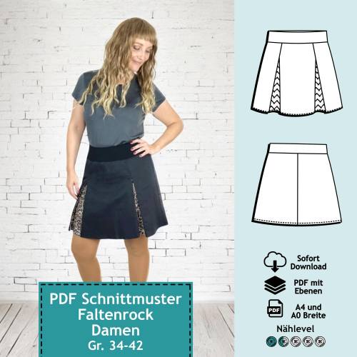 PDF Schnittmuster mit Ebenen Faltenrock Lene, Gr. 34-42 | e-Book für Damen kurzer Rock, Sommerrock Schnitt, farbige Näha