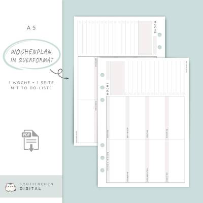 A5 Wochenplaner Querformat | Kalender-Einlagen Wochenplanung | Horizontale Wochenübersicht